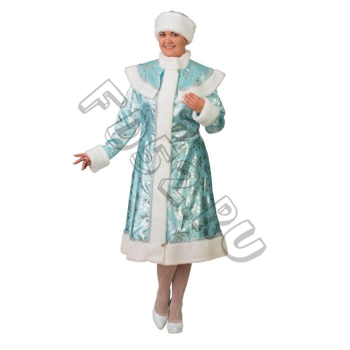 Карнавальный костюм "Снегурочка сатин бирюза со снежинками", шуба, шапка, р.50-52