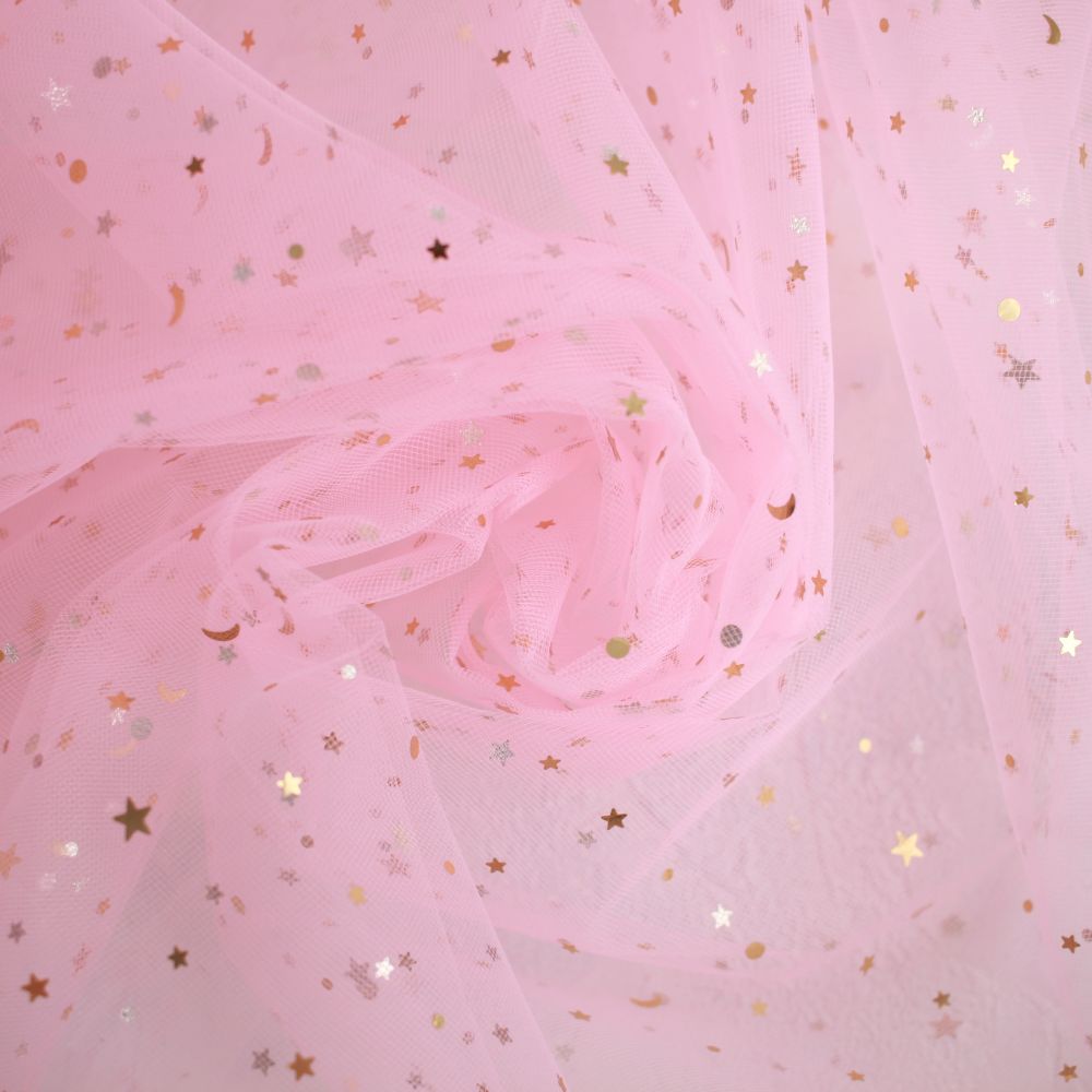 Мягкий фатин (еврофатин) с лунами и звездами - Розовый 160х25