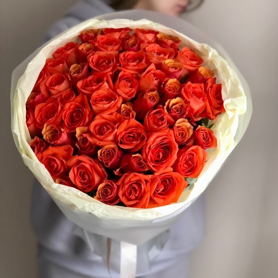 Акция! 51 оранжевая кенийская роза в красивой упаковке