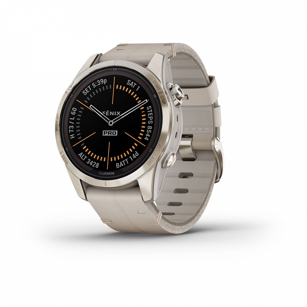 Умные часы Garmin Fenix 7S Pro Sapphire Solar золотистый корпус с кожаным ремешком цвета известняка