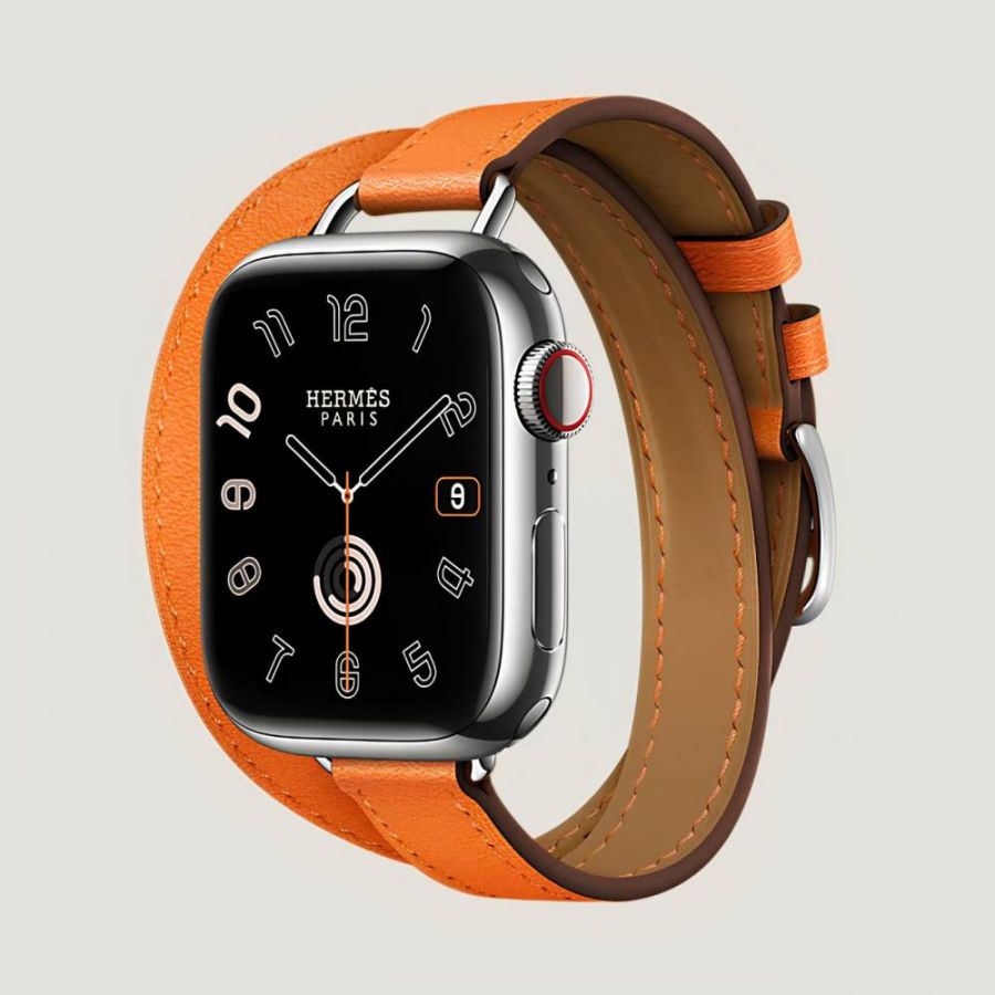 Часы Apple Watch Hermès Series 9 GPS + Cellular 41mm Silver Stainless Steel Case with Orange Swift Leather Attelage Double Tour