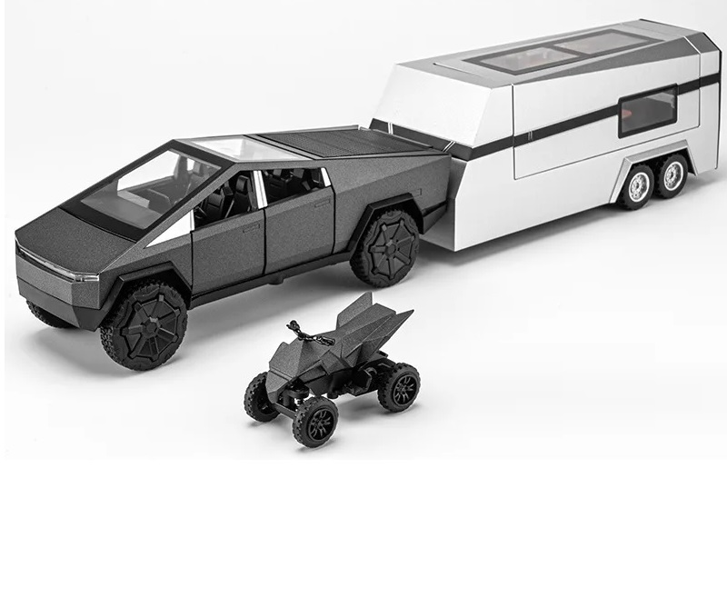 Модель металлическая Tesla Cybertruck Pickup с кемпером и квадриком 35 см. свет, звук CZ58A