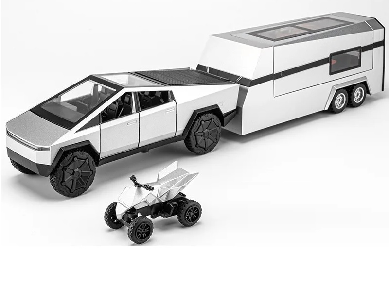 Модель металлическая Tesla Cybertruck Pickup с кемпером и квадриком 35 см. свет, звук CZ58A
