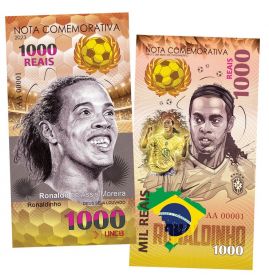1000 Reais (реалов) Бразилия — Рональдиньо. Легенды футбола (Ronaldo de Assis Moreira. Brasil). UNСB​ Памятная банкнота. Msh Oz