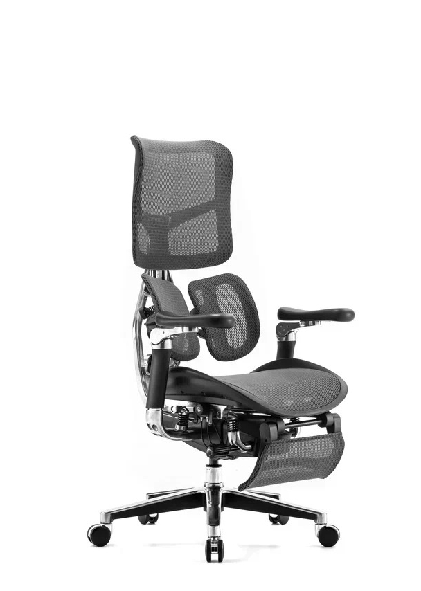 Эргономичное ортопедическое кресло с подножкой Scala (Каркас чёрный, сетка тёмно серый)