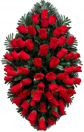 Фото Ритуальный венок из искусственных цветов - Элит #46 красный из роз и пальмы