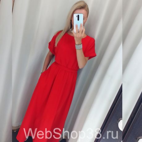 Красное вечернее платье в пол с карманами