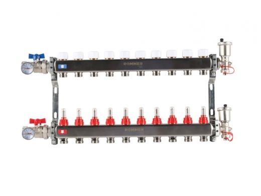 Колекторная группа для теплого пола из нержавеющей стали Rommer 1* х 3/4* - 10 выходов (в сборе с расходомерами)