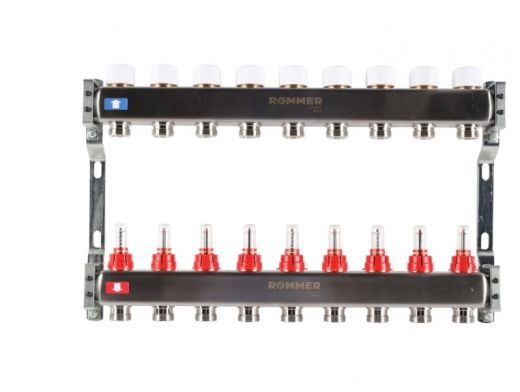 Колекторная группа для теплого пола из нержавеющей стали Rommer 1* х 3/4* - 9 выходов (с расходомерами)