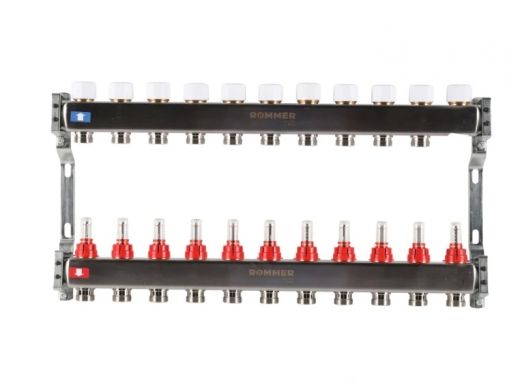 Колекторная группа для теплого пола из нержавеющей стали Rommer 1* х 3/4* - 11 выходов (с расходомерами)