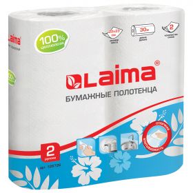 Полотенца бумажные бытовые, спайка 2 шт., 2-х слойные, (2×30 м), LAIMA, 22×23 см, белые, 128726