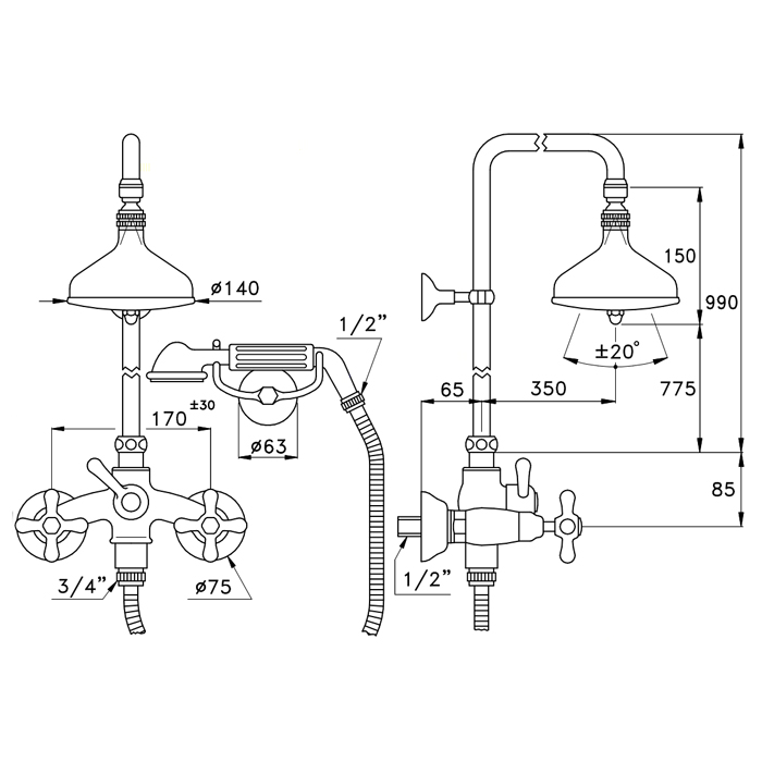 Душевой комплект Stella Roma 3284/301/314A-90: смеситель штанга+ручной+верхний душ 90мм схема 4