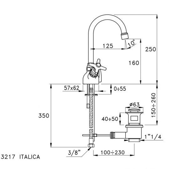 Смеситель Stella Italica для раковины на 1 отверстие 3217 с донным клапаном ФОТО