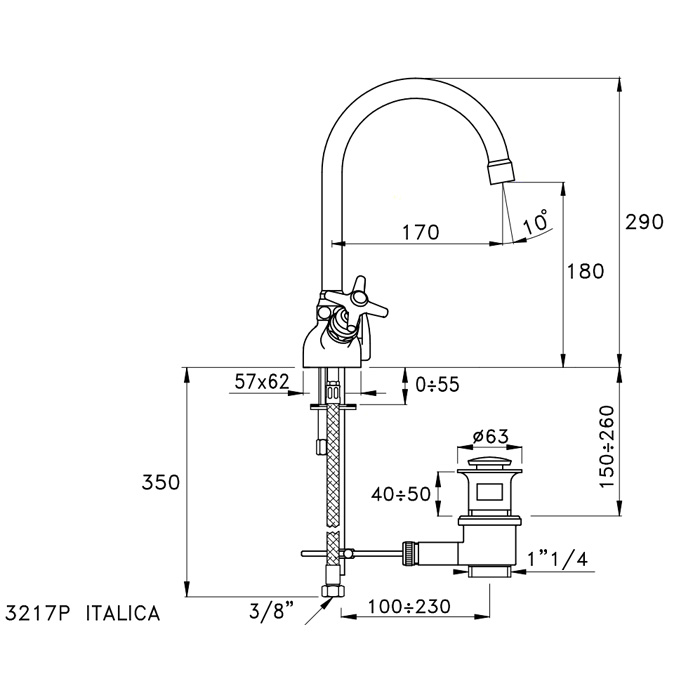 Смеситель Stella Italica для раковины на 1 отверстие 3217P с высоким изливом с донным клапаном схема 2