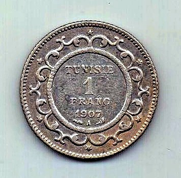 1 франк 1907 Тунис Франция Редкий год