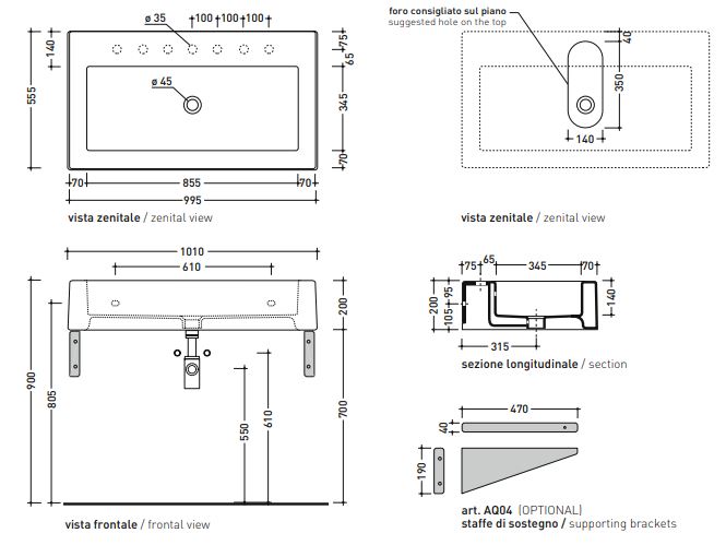 Раковина Flaminia Acquagrande 100 Countertop - Wall Hung Basin 101х56 схема 4