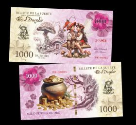 1000 duendes de oro  — Peru, Cusco. Billete de la Suerte (счастливая банкнота). Duende del Amor Oz Msh