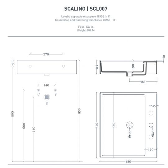 Раковина Artceram Scalino 550х480 мм накладная отверстие для смесителя без перелива SCL007 ФОТО