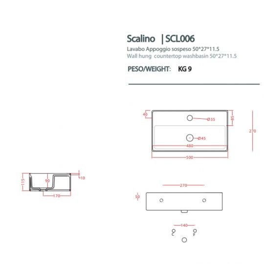 Раковина подвесная или накладная Artceram Scalino 500х270 мм SCL006 схема 2