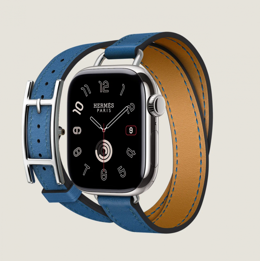 Часы Apple Watch Hermès Series 10 GPS + Cellular 42mm Silver Titanium Case with Bleu De France Hapi Attelage Duoble Tour