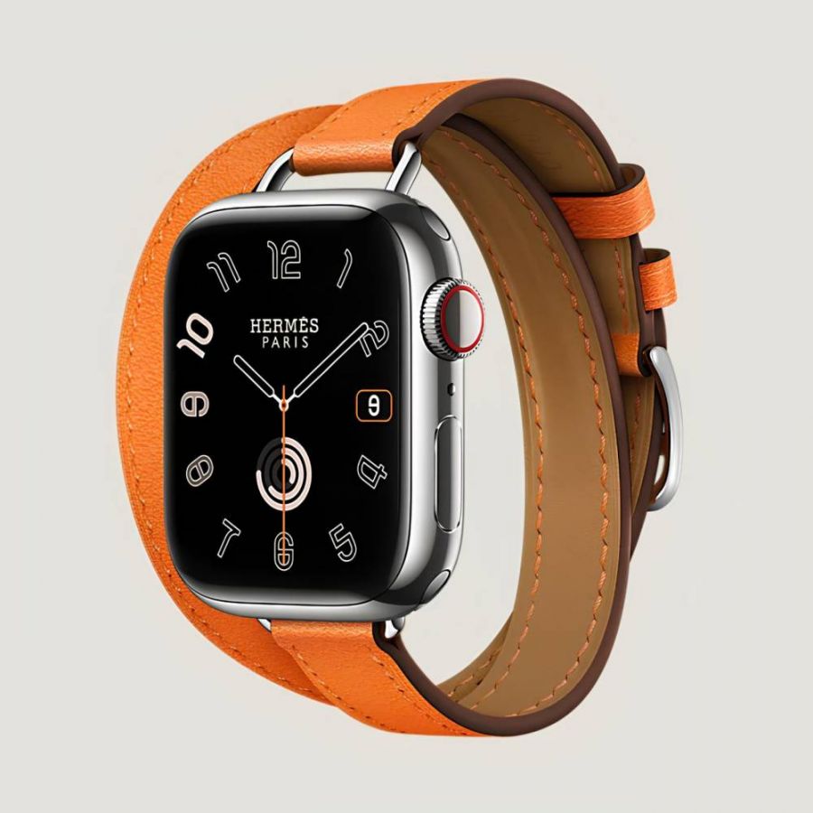 Часы Apple Watch Hermès Series 10 GPS + Cellular 42mm Silver Titanium Case with Orange Attelage Double Tour